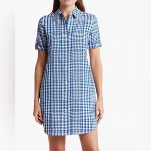 Theory Blue and White Checkered Shirt Dress